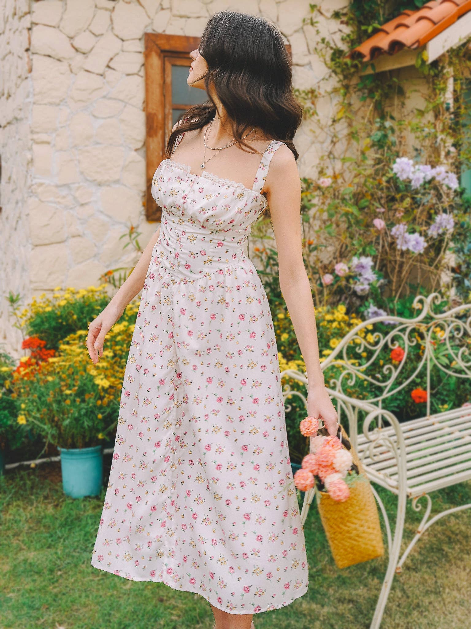 CIDER Floral Print Midi Dress – Smocked Bodice Sundress, Lightweight Summer Casual Dress