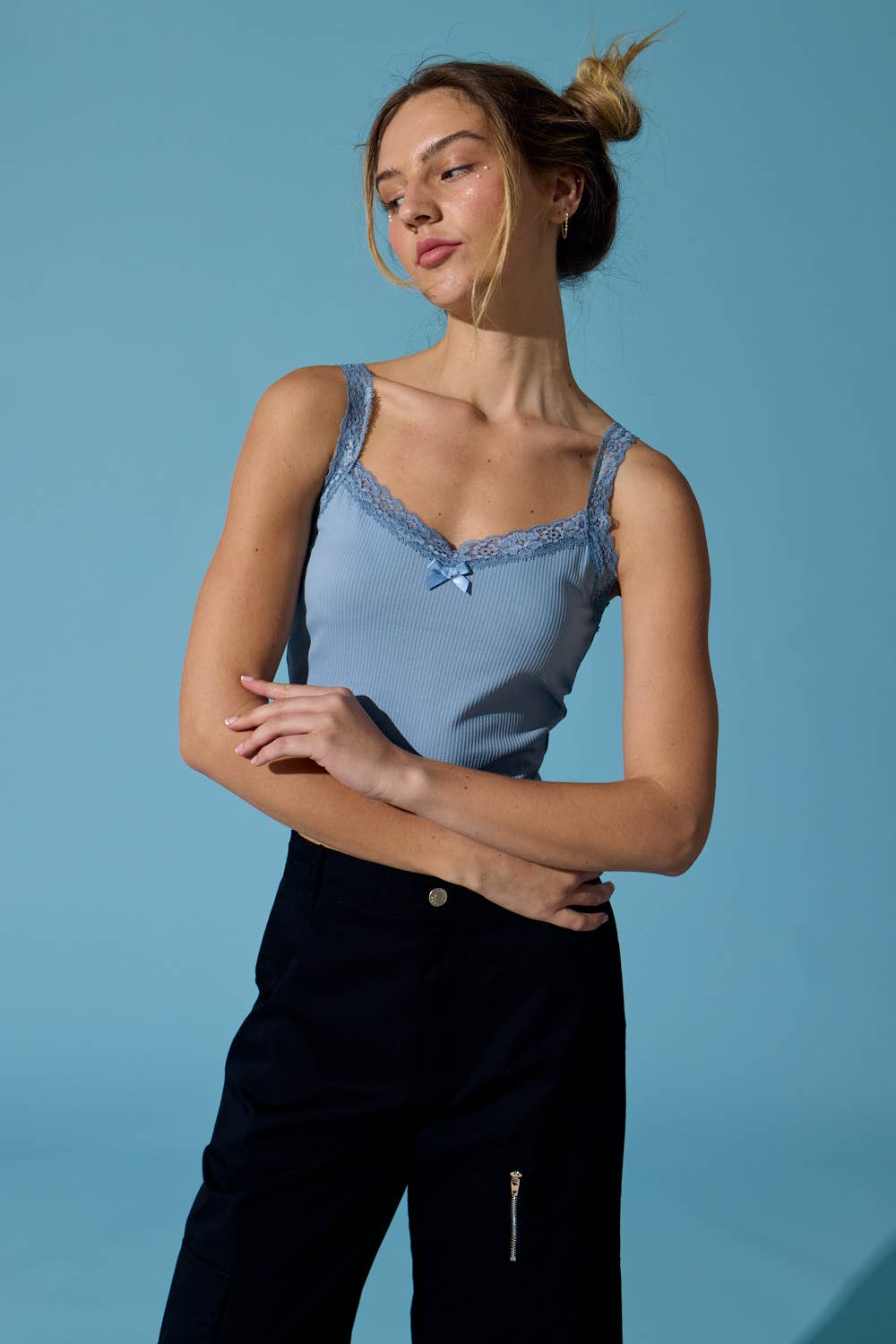 Elie Lace Trim Tank - Dusty Blue