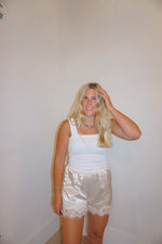 Load image into Gallery viewer, Evening Lace Trim Shorts: Champagne
