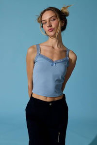 Elie Lace Trim Tank - Dusty Blue