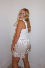 Load image into Gallery viewer, Evening Lace Trim Shorts: Champagne
