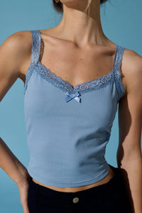 Elie Lace Trim Tank - Dusty Blue