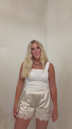 Load and play video in Gallery viewer, Evening Lace Trim Shorts: Champagne
